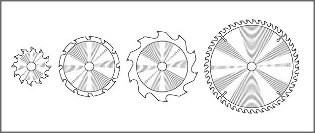 Set of different circular saw blades, vector illustration. Line drawing