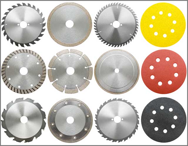 Top view of the various types of the circular saw blade; standard, abrasive, and diamond. 