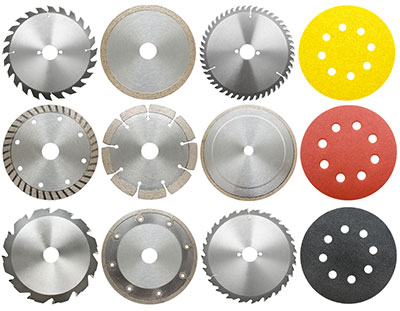 Different types of circular saw blades for cutting different materials.