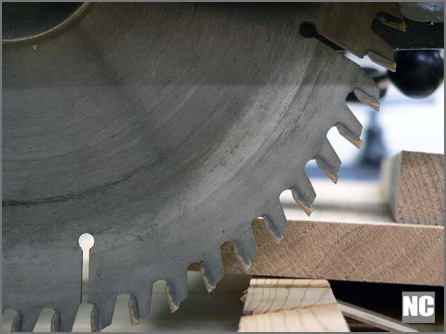 Carbide-tipped blade on a radial arm saw