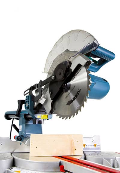 A miter saw in white background with a crosscut timber