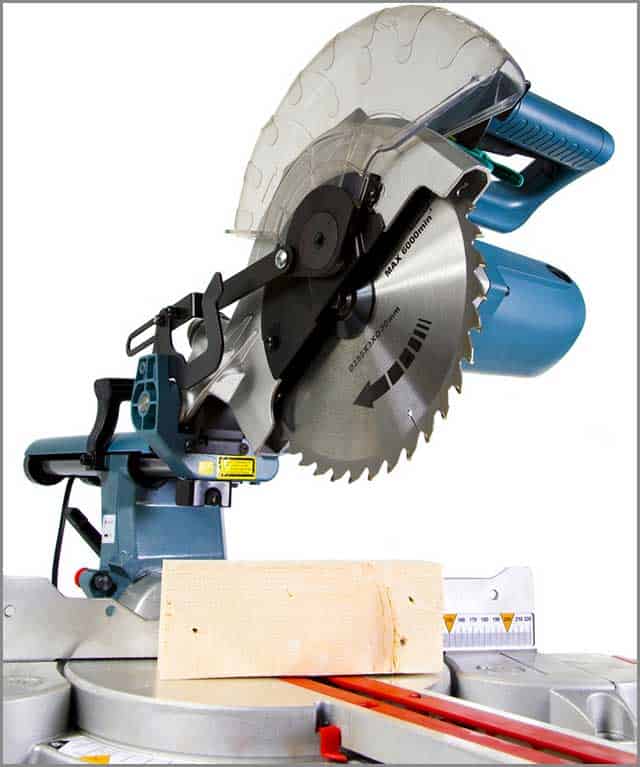 A miter saw in white background with a crosscut timber