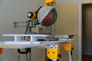 A miter saw on a construction site – close up