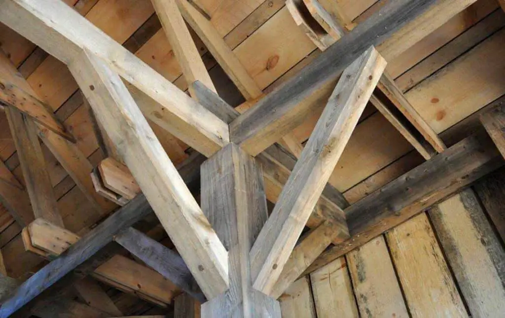 A timber frame with miter cuts