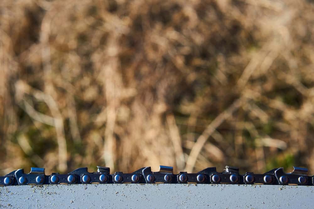 Close-up image of a chainsaw chain. 