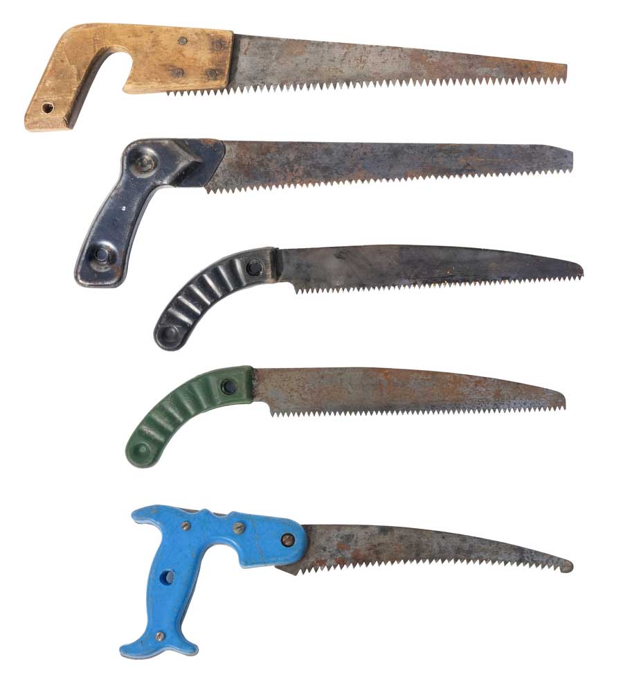A selection of curved and straight pruning hand saws